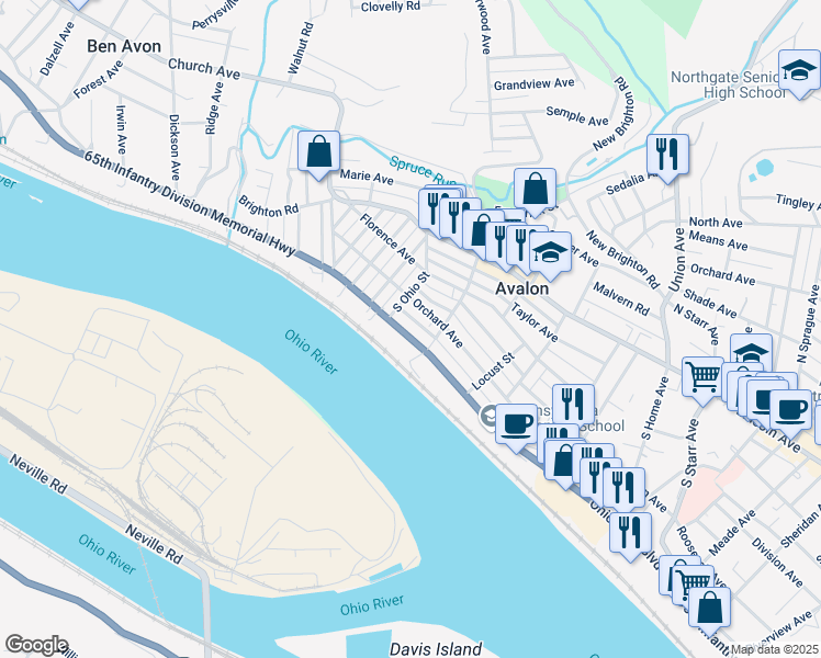 map of restaurants, bars, coffee shops, grocery stores, and more near 520 Orchard Avenue in Avalon