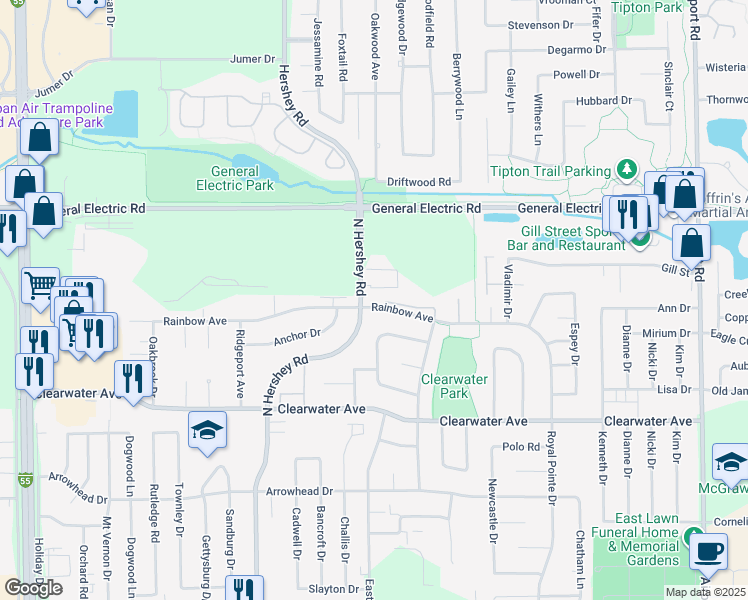 map of restaurants, bars, coffee shops, grocery stores, and more near 1601 N Hershey Rd in Bloomington