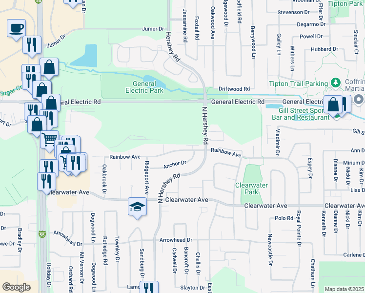 map of restaurants, bars, coffee shops, grocery stores, and more near 2404 Rainbow Avenue in Bloomington