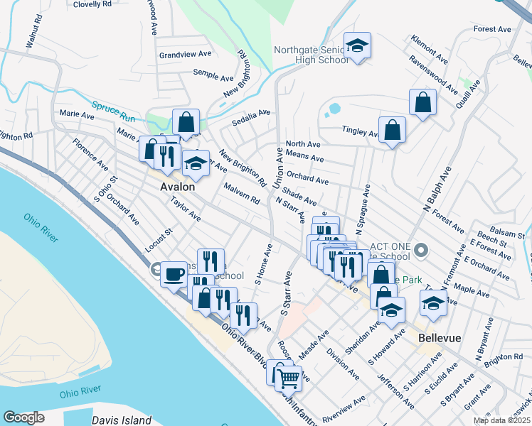map of restaurants, bars, coffee shops, grocery stores, and more near 924 Malvern Road in Pittsburgh