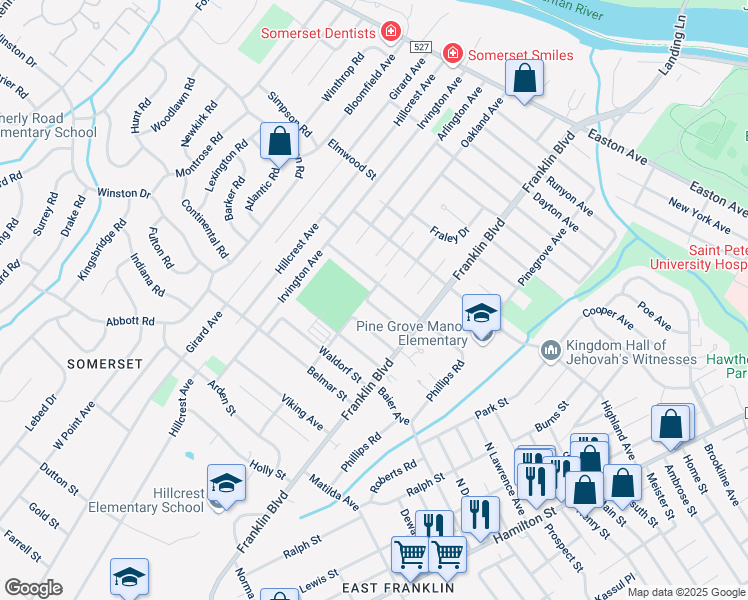 map of restaurants, bars, coffee shops, grocery stores, and more near 24 Carmen Street in Franklin Township