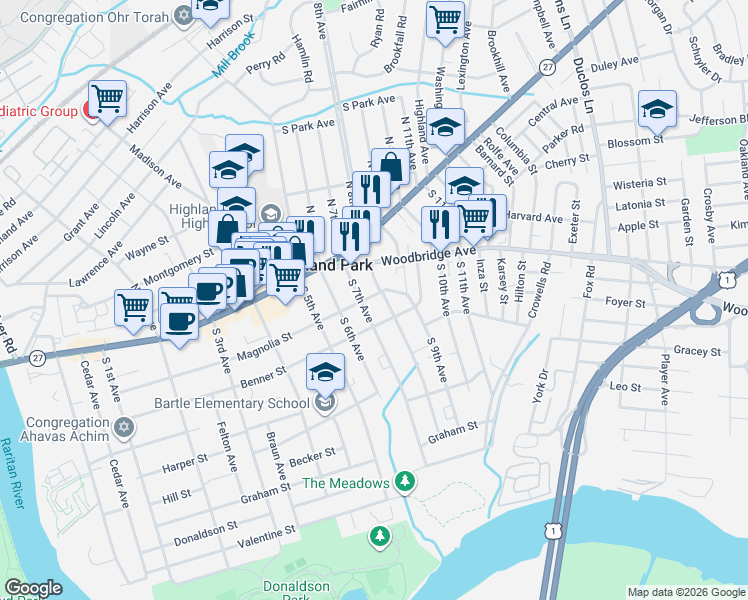 map of restaurants, bars, coffee shops, grocery stores, and more near 16 South 8th Avenue in Highland Park