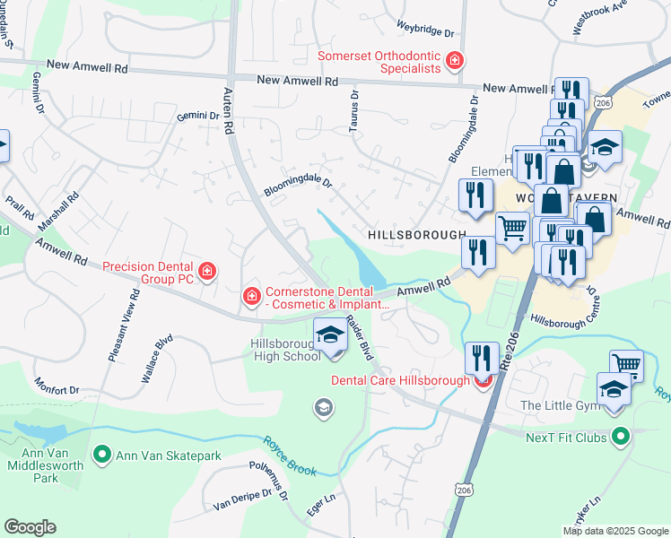 map of restaurants, bars, coffee shops, grocery stores, and more near 600 Auten Road in Hillsborough Township