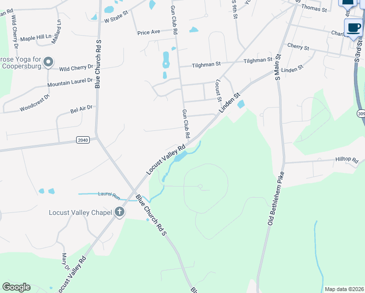 map of restaurants, bars, coffee shops, grocery stores, and more near 5451 Locust Valley Road in Coopersburg