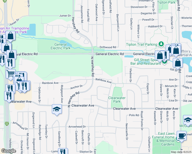 map of restaurants, bars, coffee shops, grocery stores, and more near 1601 North Hershey Road in Bloomington