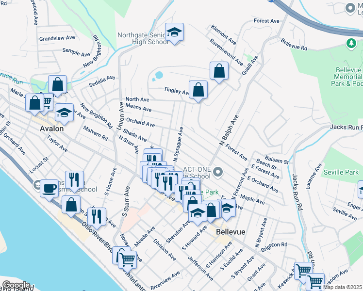 map of restaurants, bars, coffee shops, grocery stores, and more near 127 North Sprague Avenue in Pittsburgh