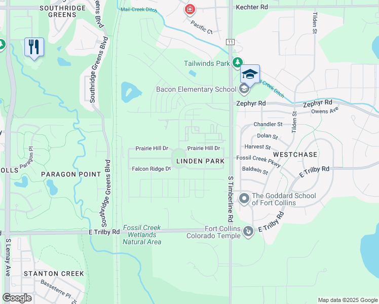 map of restaurants, bars, coffee shops, grocery stores, and more near 1903 Prairie Hill Drive in Fort Collins