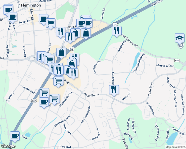 map of restaurants, bars, coffee shops, grocery stores, and more near 1505 Cobblestone Court in Flemington