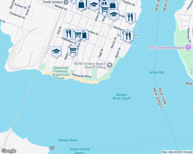 map of restaurants, bars, coffee shops, grocery stores, and more near 33 High Street in Perth Amboy