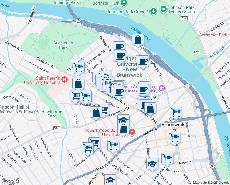 map of restaurants, bars, coffee shops, grocery stores, and more near 36 Prosper Street in New Brunswick