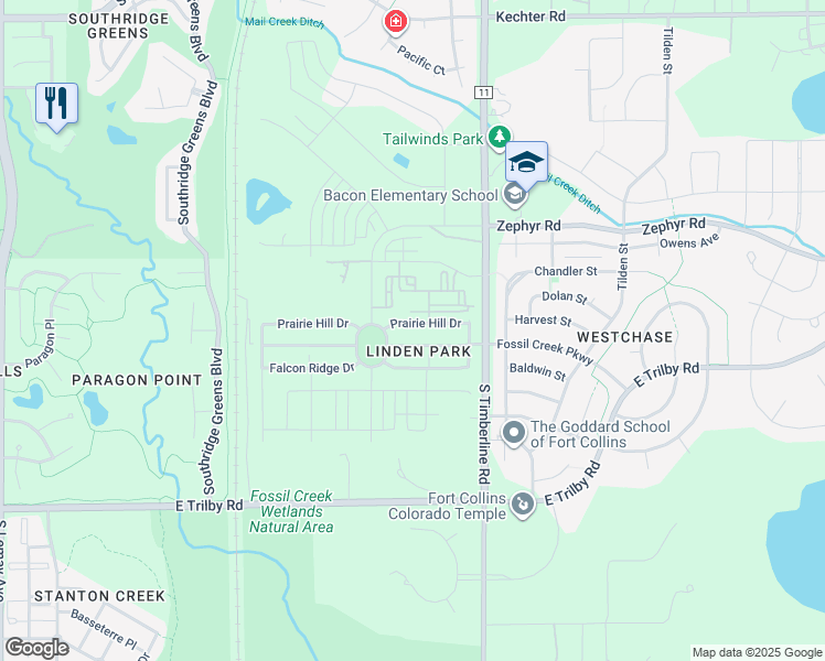 map of restaurants, bars, coffee shops, grocery stores, and more near 1939 Prairie Hill Drive in Fort Collins