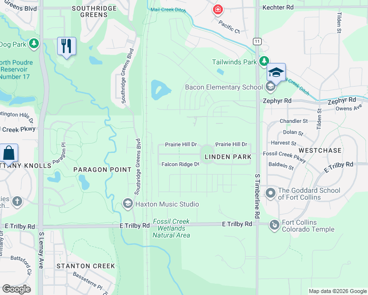 map of restaurants, bars, coffee shops, grocery stores, and more near 1803 Prairie Hill Drive in Fort Collins