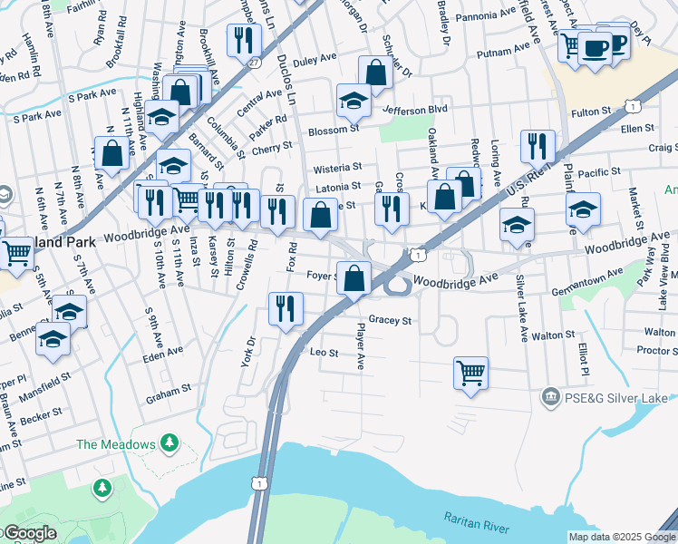 map of restaurants, bars, coffee shops, grocery stores, and more near 21 Player Avenue in Edison