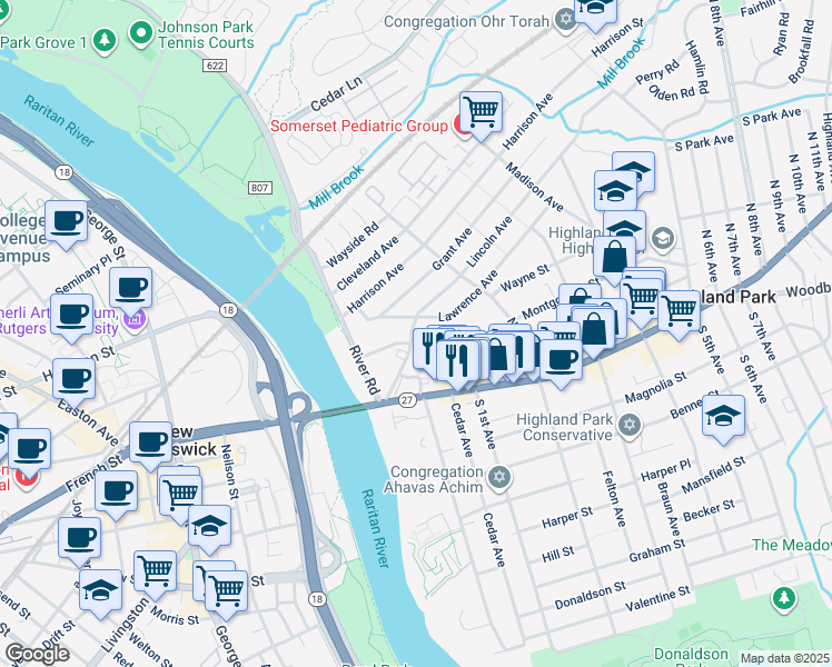 map of restaurants, bars, coffee shops, grocery stores, and more near 68 Lawrence Avenue in Highland Park