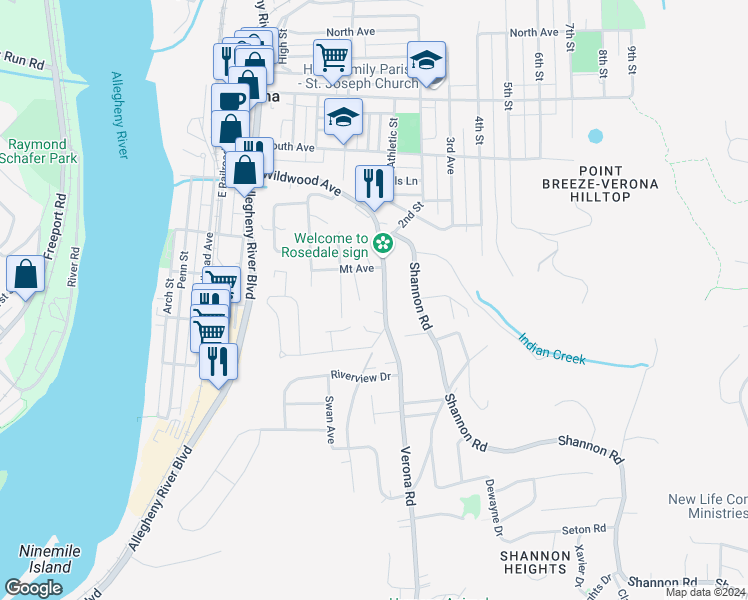 map of restaurants, bars, coffee shops, grocery stores, and more near 6730 Verona Road in Verona