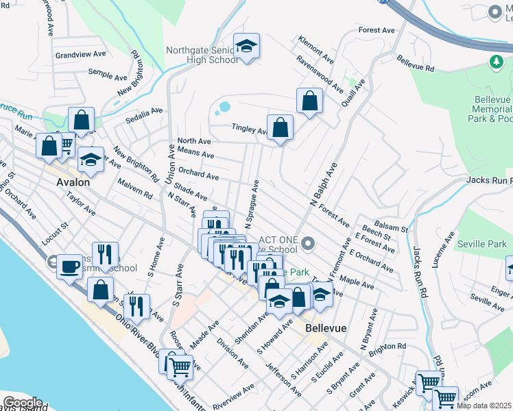 map of restaurants, bars, coffee shops, grocery stores, and more near 127 North Sprague Avenue in Pittsburgh