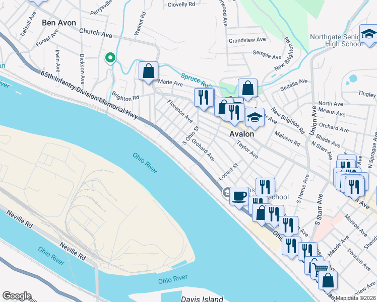 map of restaurants, bars, coffee shops, grocery stores, and more near 520 Orchard Avenue in Avalon