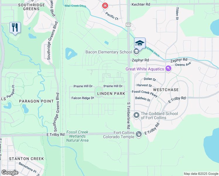 map of restaurants, bars, coffee shops, grocery stores, and more near 1939 Prairie Hill Drive in Fort Collins