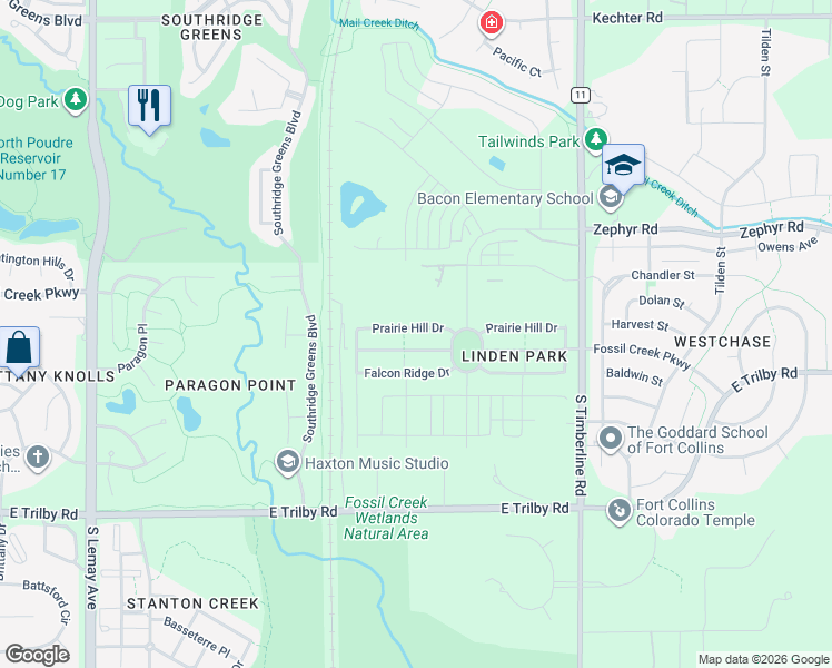 map of restaurants, bars, coffee shops, grocery stores, and more near 1739 Prairie Hill Drive in Fort Collins