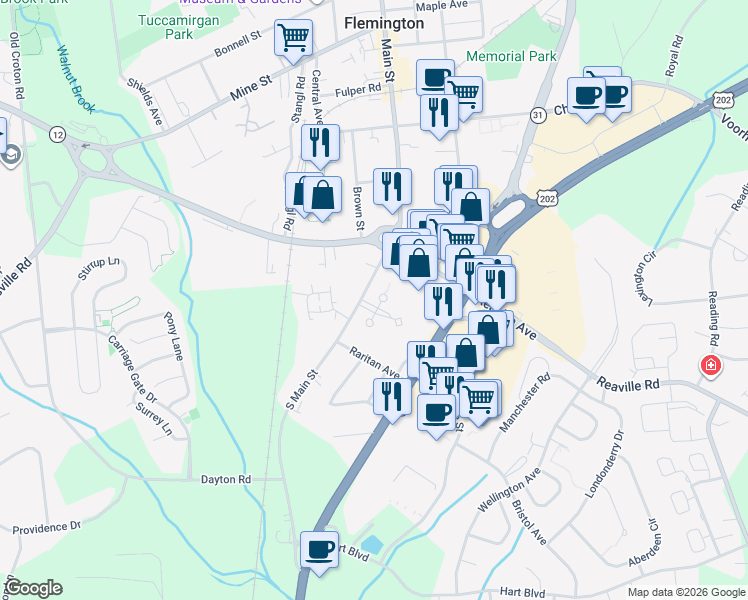 map of restaurants, bars, coffee shops, grocery stores, and more near 505 Village Commons in Flemington