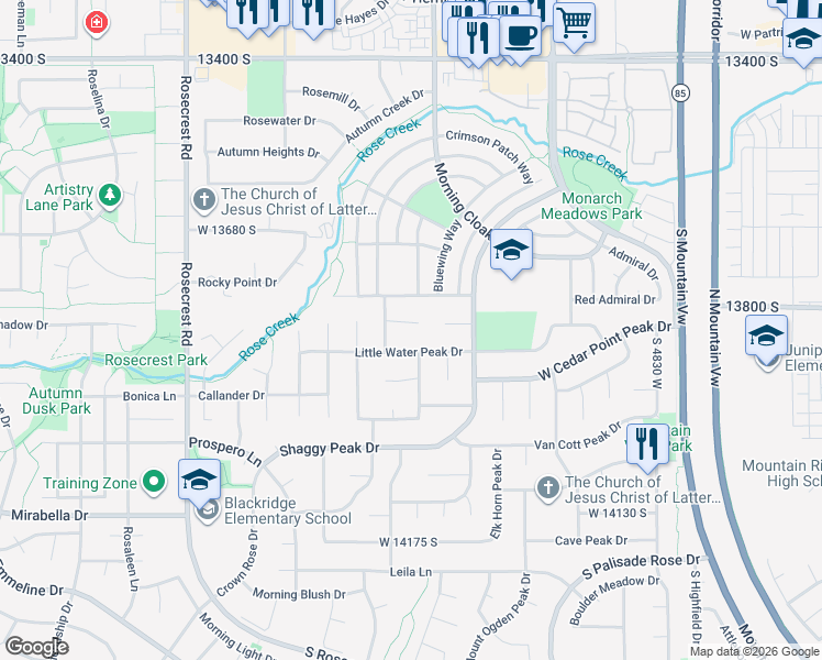 map of restaurants, bars, coffee shops, grocery stores, and more near 5237 Freeman Peak Circle in Herriman