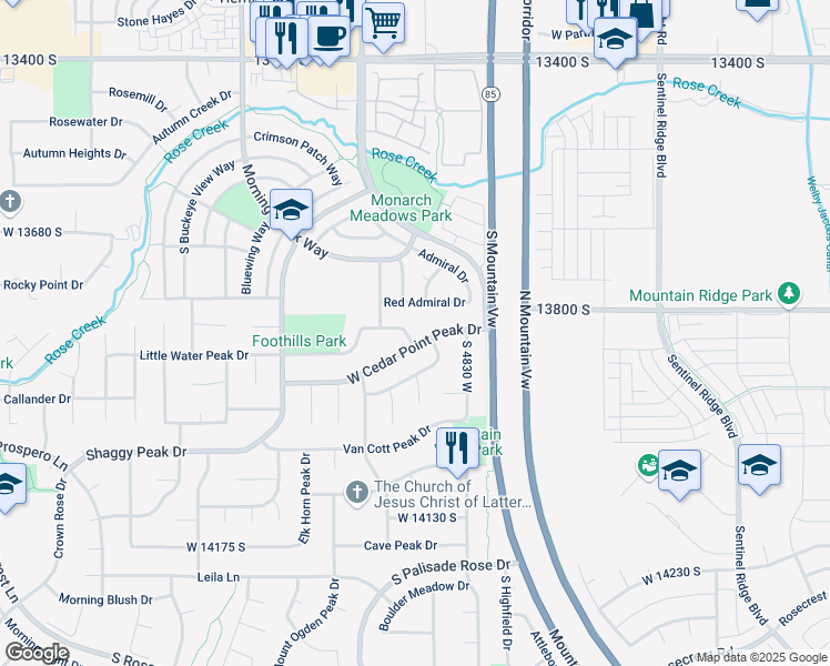 map of restaurants, bars, coffee shops, grocery stores, and more near 13831 Little Water Peak Drive in Riverton