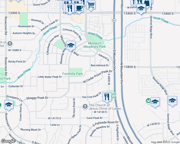map of restaurants, bars, coffee shops, grocery stores, and more near 4979 West 13820 South in Riverton
