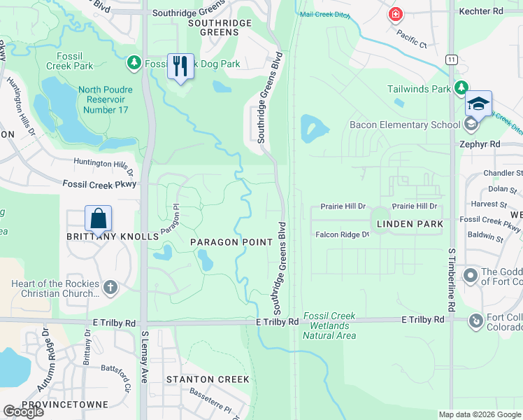 map of restaurants, bars, coffee shops, grocery stores, and more near 6219 Eagle Ridge Court in Fort Collins