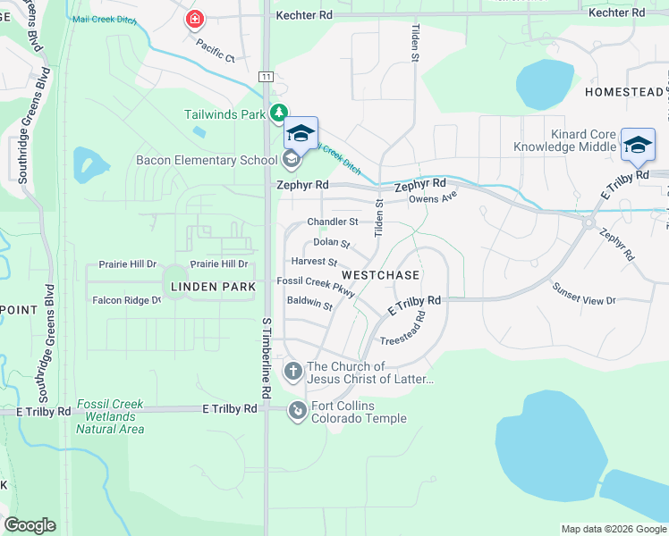 map of restaurants, bars, coffee shops, grocery stores, and more near 2233 Harvest Street in Fort Collins