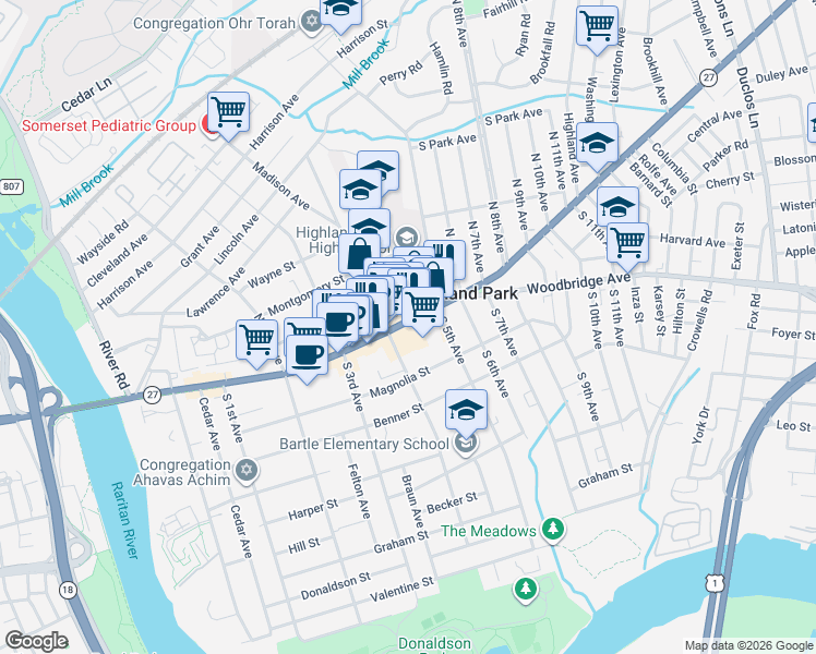 map of restaurants, bars, coffee shops, grocery stores, and more near 414 Raritan Avenue in Highland Park