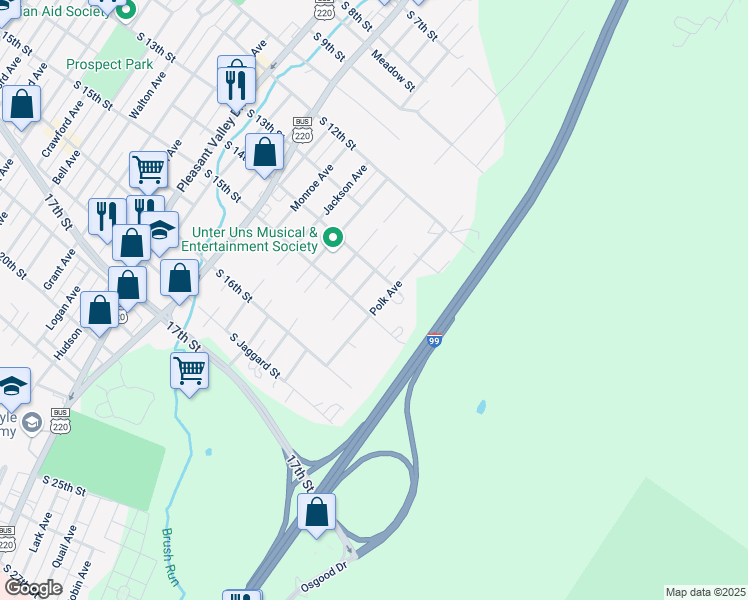 map of restaurants, bars, coffee shops, grocery stores, and more near 1416 Polk Avenue in Altoona