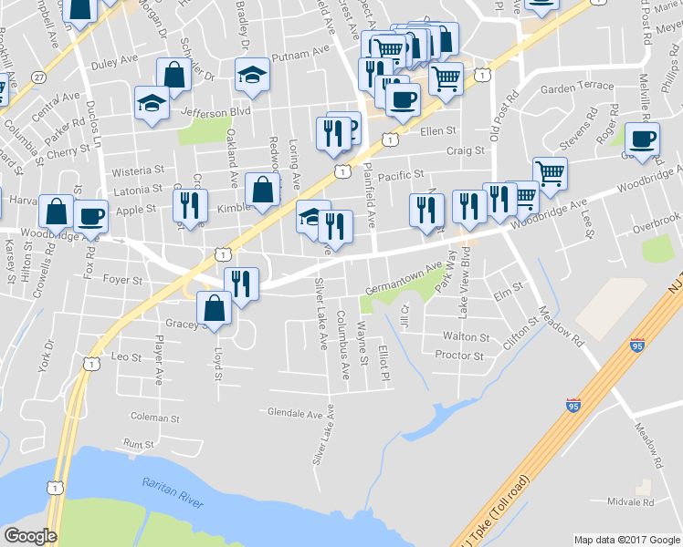 map of restaurants, bars, coffee shops, grocery stores, and more near 19 Morse Avenue in Edison