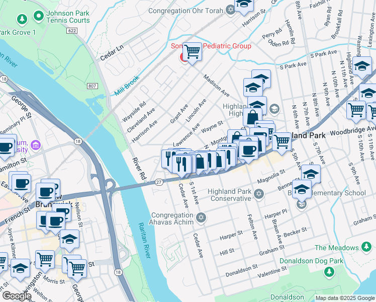 map of restaurants, bars, coffee shops, grocery stores, and more near 95 Montgomery Street in Highland Park