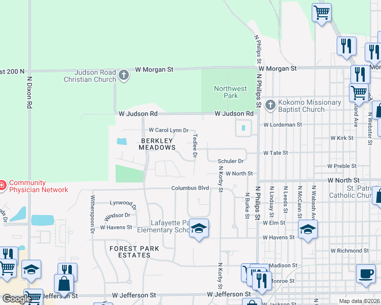 map of restaurants, bars, coffee shops, grocery stores, and more near 1315 Tedlee Dr in Kokomo