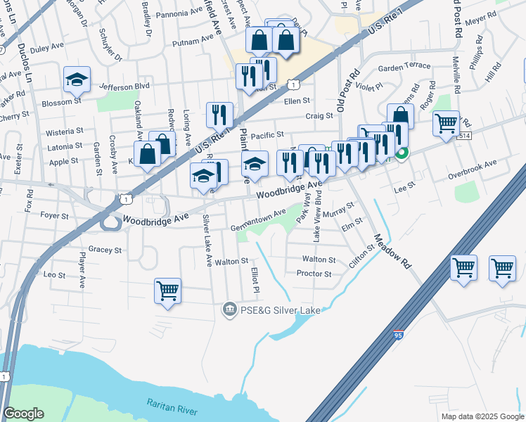 map of restaurants, bars, coffee shops, grocery stores, and more near 19 Church Street in Edison