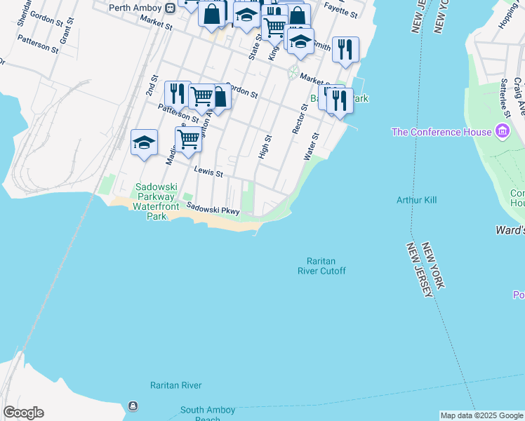 map of restaurants, bars, coffee shops, grocery stores, and more near 37 Water Street in Perth Amboy
