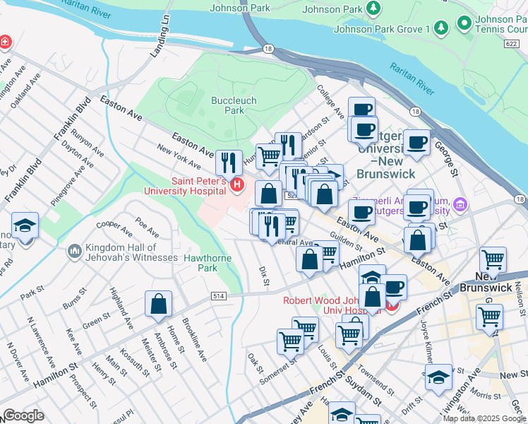map of restaurants, bars, coffee shops, grocery stores, and more near 71 Delafield Street in New Brunswick