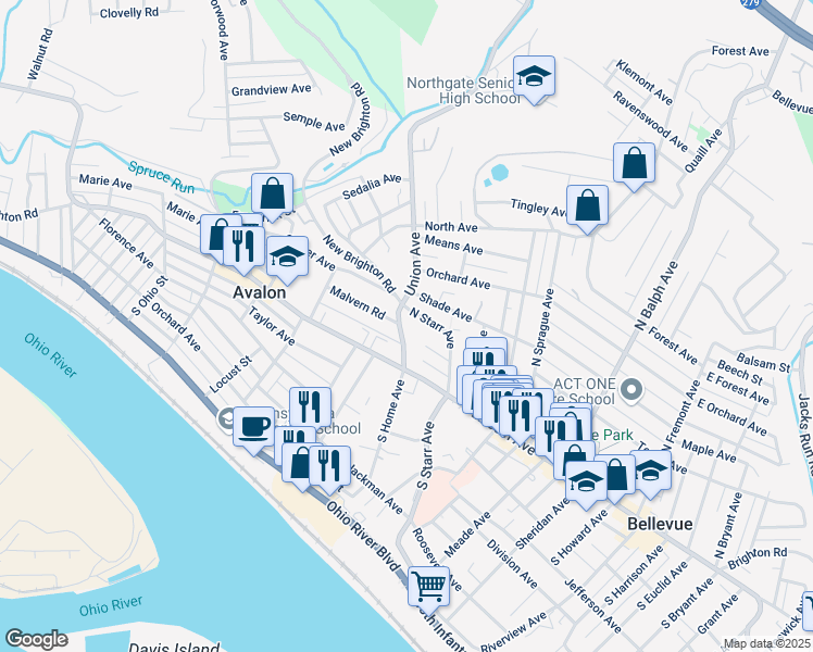 map of restaurants, bars, coffee shops, grocery stores, and more near 97 North Starr Avenue in Pittsburgh