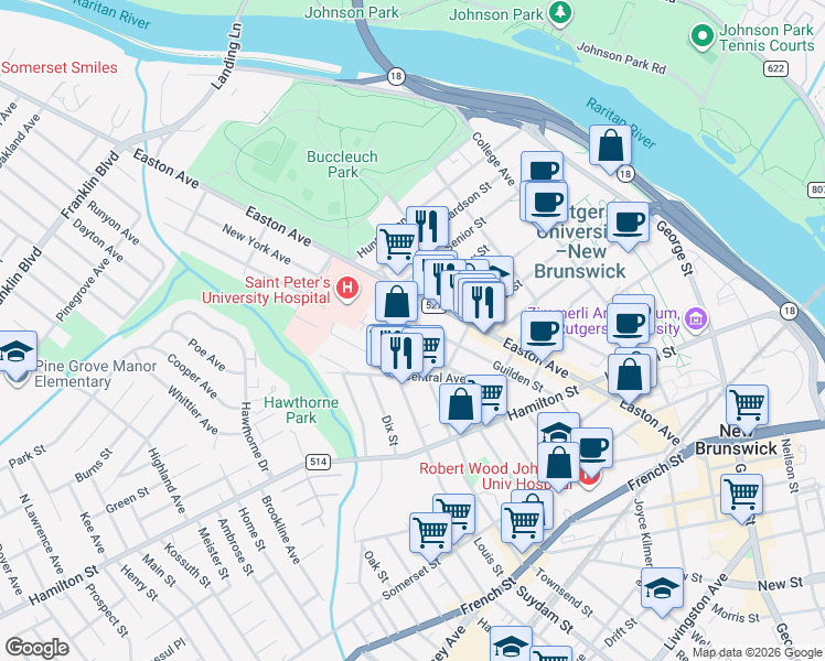 map of restaurants, bars, coffee shops, grocery stores, and more near 28 Courtlandt Street in New Brunswick