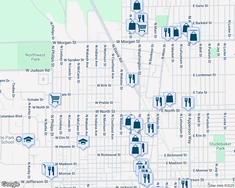 map of restaurants, bars, coffee shops, grocery stores, and more near 1495 North Webster Street in Kokomo