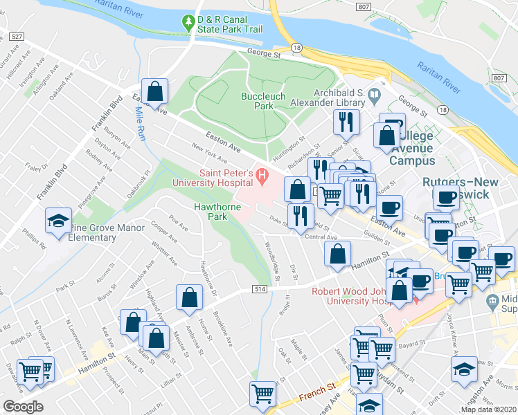 map of restaurants, bars, coffee shops, grocery stores, and more near 69 Duke Street in New Brunswick