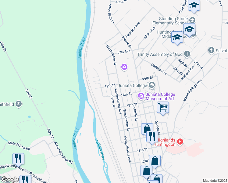 map of restaurants, bars, coffee shops, grocery stores, and more near 1813 Penn St in Huntingdon