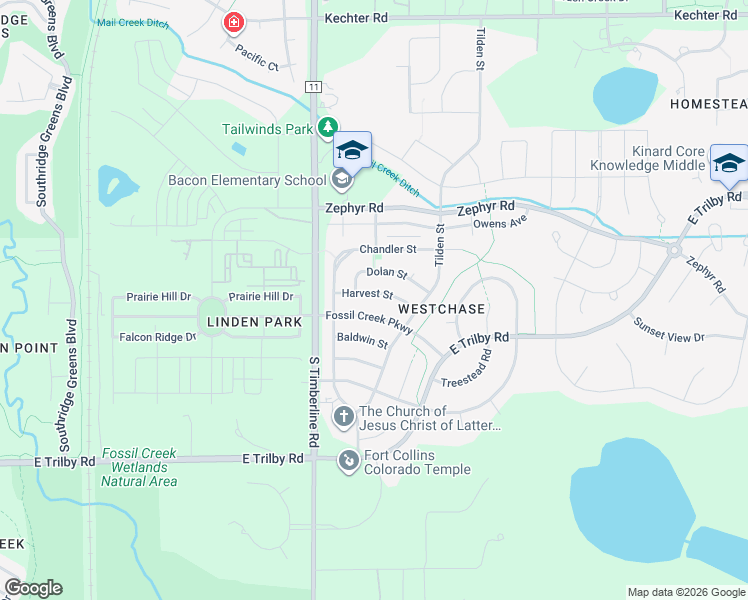 map of restaurants, bars, coffee shops, grocery stores, and more near 2233 Harvest Street in Fort Collins