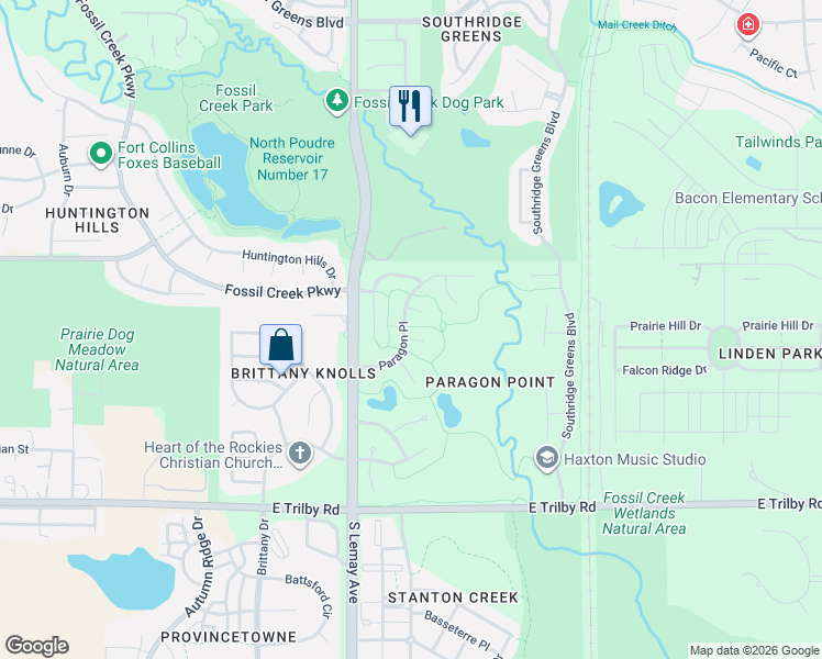 map of restaurants, bars, coffee shops, grocery stores, and more near 1213 Chickadee Court in Fort Collins