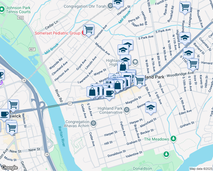 map of restaurants, bars, coffee shops, grocery stores, and more near 221 Denison Street in Highland Park