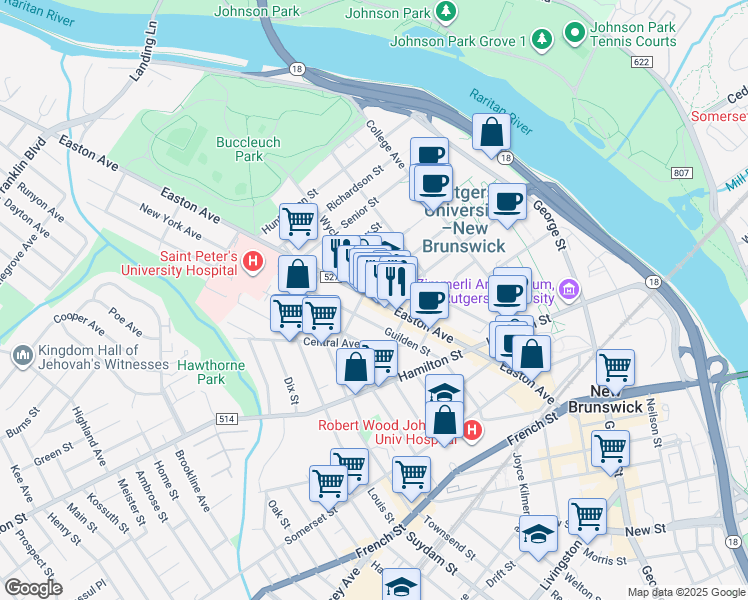 map of restaurants, bars, coffee shops, grocery stores, and more near in New Brunswick