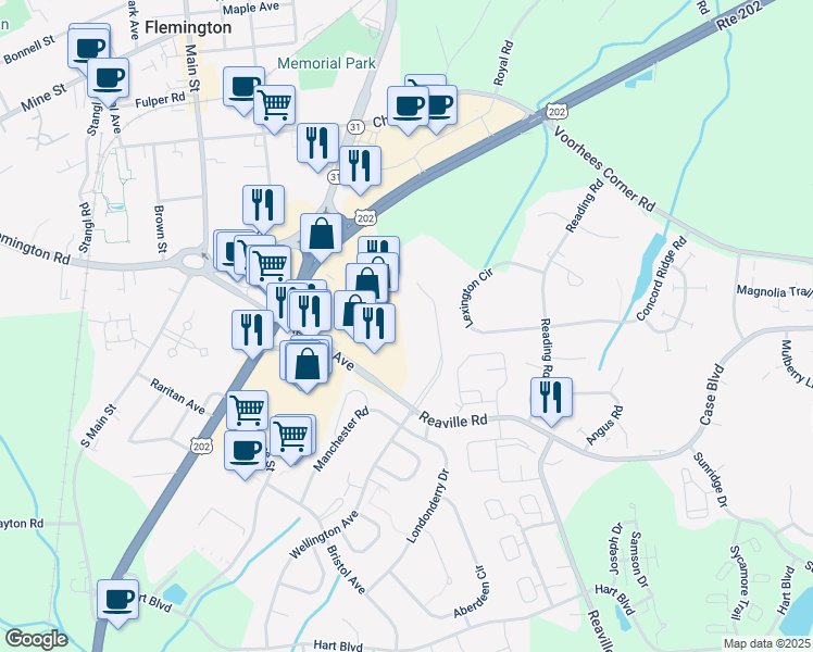 map of restaurants, bars, coffee shops, grocery stores, and more near 116 Westminster Place in Flemington