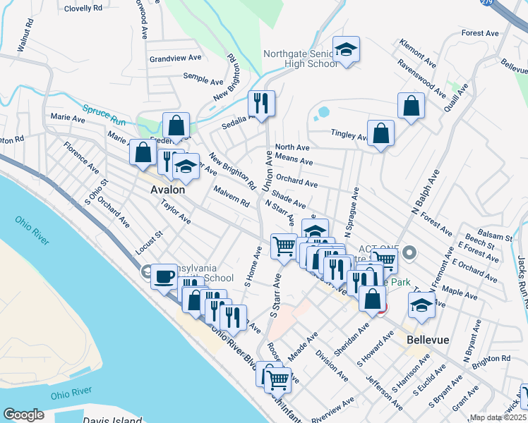map of restaurants, bars, coffee shops, grocery stores, and more near 97 North Starr Avenue in Pittsburgh