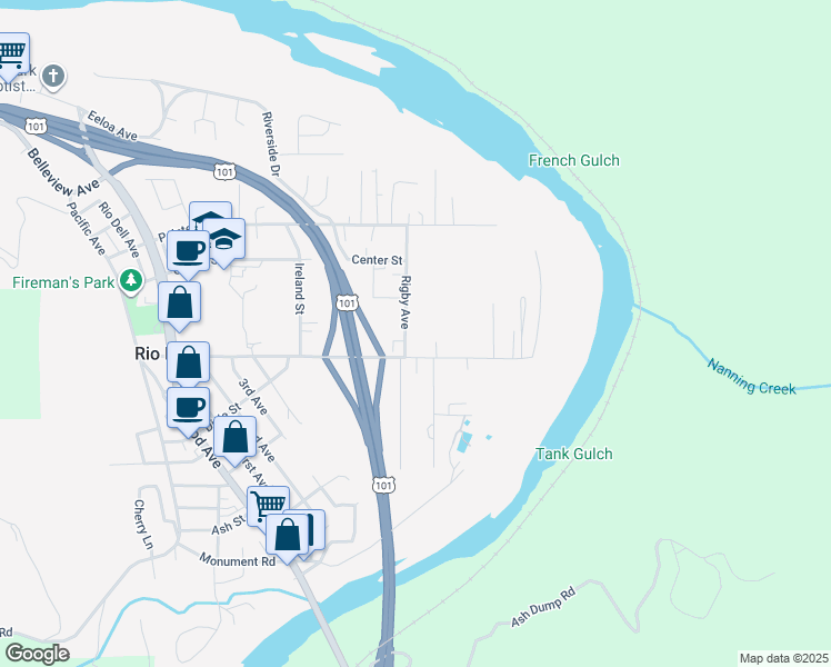 map of restaurants, bars, coffee shops, grocery stores, and more near 728 Rigby Avenue in Rio Dell