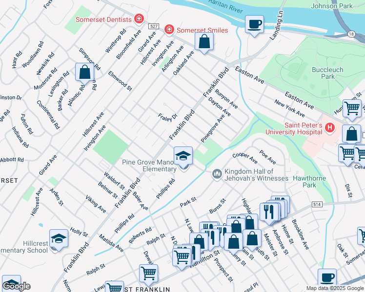 map of restaurants, bars, coffee shops, grocery stores, and more near 6 Robert C Keri Court in Franklin Township